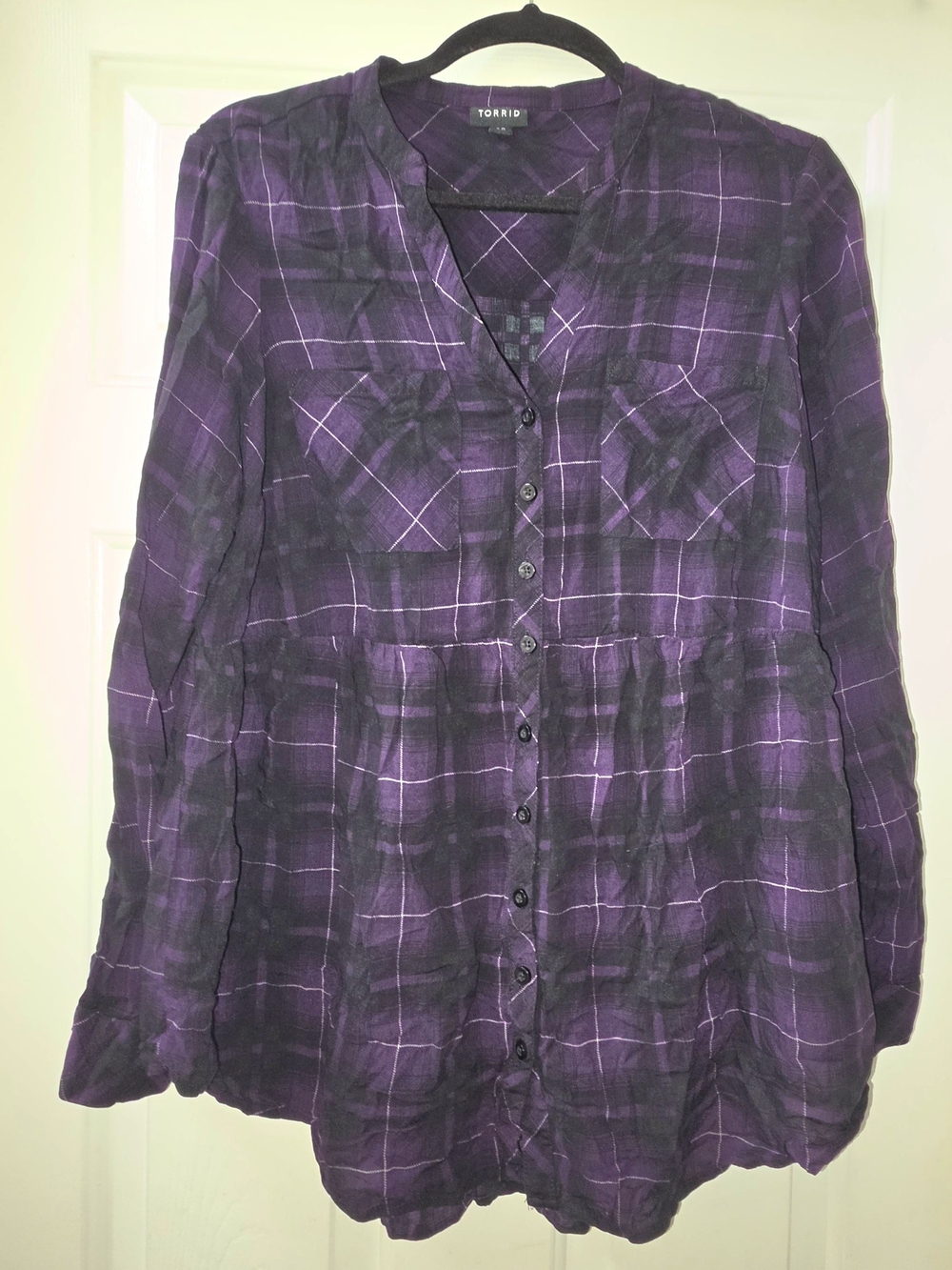 torrid Purple Plaid Button-Front Long Sleeve Babydoll Shirt